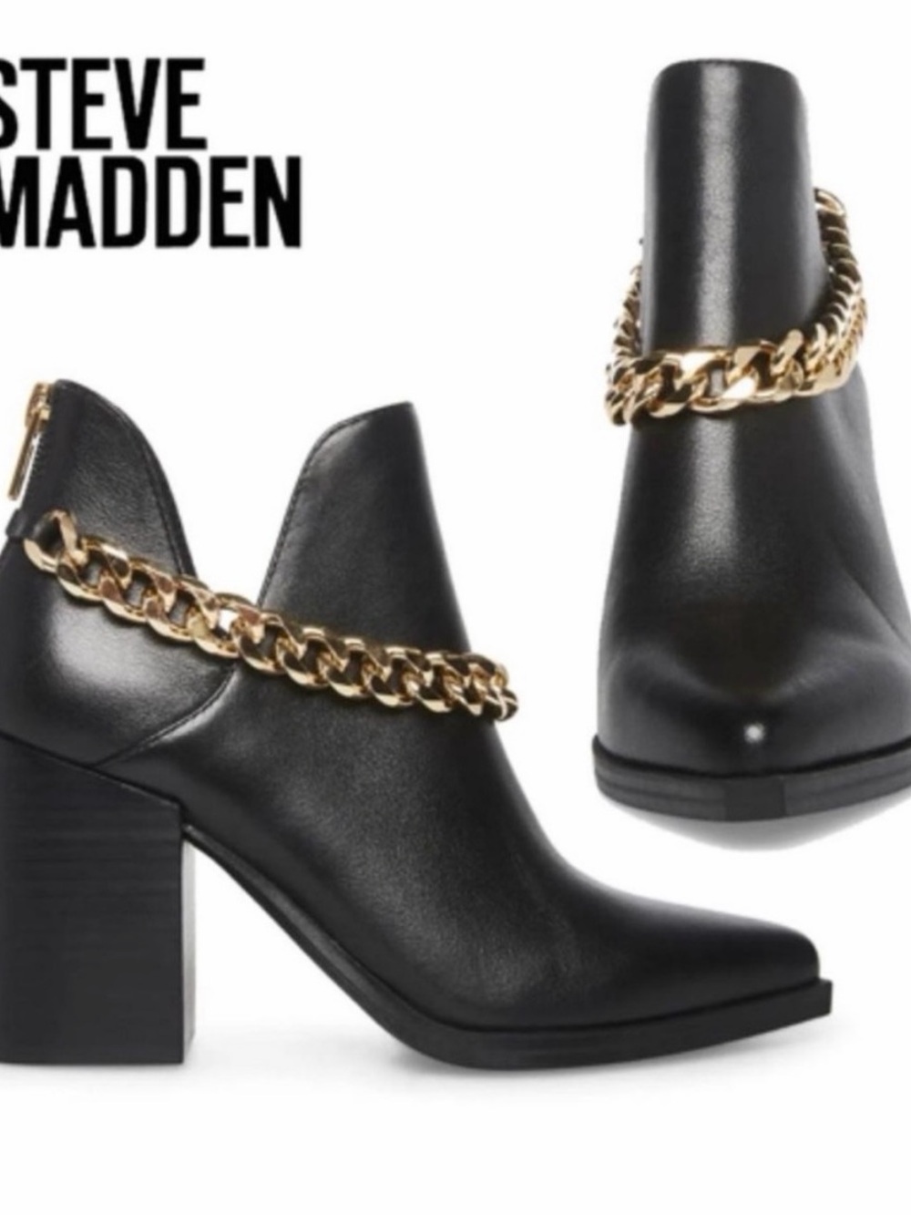 Steve Madden Cedar Chain Black Leather Ankle Booties with Gold Chain
